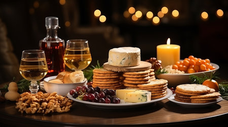 Serve a plate of snacks and crackers. Table full of dishes with cheese and meat food for a party. Serving catering for a feast.の素材