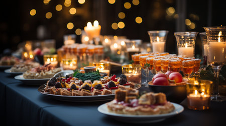 Christmas dinner table full of dishes with food and snacks on a green tablecloth, festive feast with a variety of food. Concept: Buffet, cateringの素材