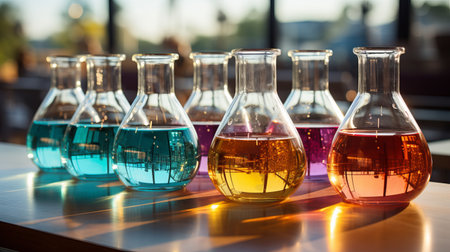 Chemical glass flasks filled with multi-colored liquid. Concept: science and researchの素材