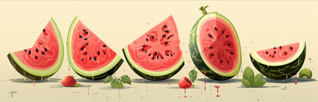 watermelon with red pulp and seeds, cut into portions. Summer delicious juicy fruits and large berries. Illustration drawing, Banner with berriesの素材