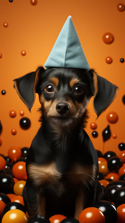 Cheerful dog with a bonnet on its head. Festive atmosphere bokeh with confetti. Banner with animals on a holiday theme. copy spaceの素材