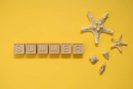 The concept of a holiday at the sea. Shells, starfishes and the word summer on the yellow background.の写真素材