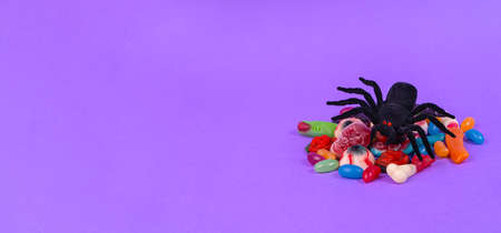 Various halloween sweets and horrible spiders on purple background. Halloween concept. banner, copy spaceの写真素材