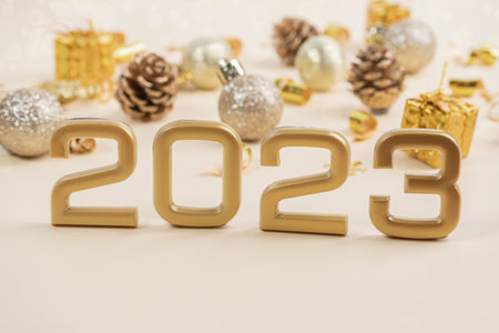 Numbers 2023 and Christmas decorationの写真素材