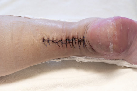 Surgical suture on the legの写真素材