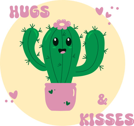 Huggs and kisses. Cute cactus with hearts.のイラスト素材