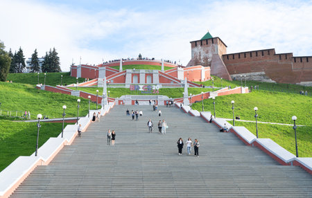 Nizhny Novgorod, Russia August 24, 2024: Chkalov Staircase in Nizhny Novgorod on summer day. Inscription BRICS 2024.のeditorial素材