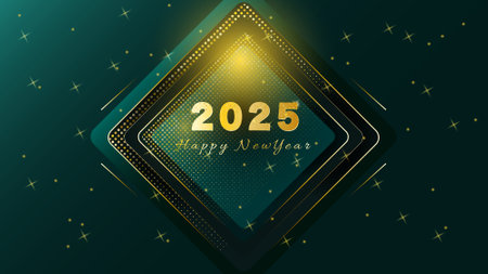 Happy New Year 2025. Holiday illustration of golden numbers 2025 on dark green background textured with gold shiny glitters.のイラスト素材