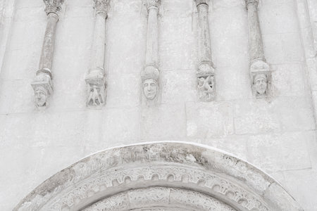 White stone carving of Church of the Intercession on the Nerl in Bogolyubovo Vladimir region. Fragment of a carved facade.の写真素材
