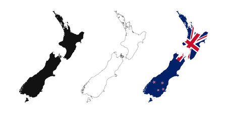 New Zealand map set on white background. New Zealand Map with Flag, black map and outline map.のイラスト素材
