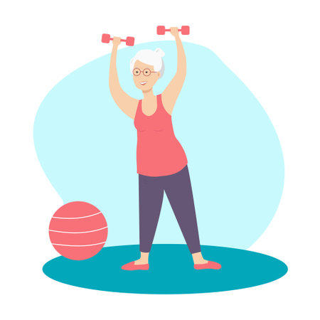 Senior woman exercising. Grandmother at home training. Active lifestyle, fitness, workout and sports. Elderly character with dumbbells. Flat character vector illustration.のイラスト素材