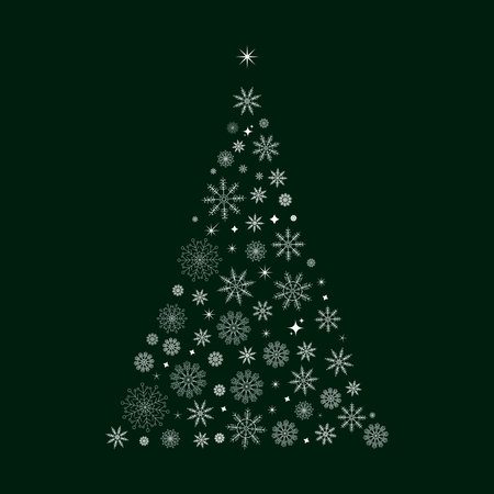 Merry Christmas and New Year background. Christmas tree with snowflakes. Minimalist Christmas banner template with abstract Christmas tree on dark green backgroundのイラスト素材