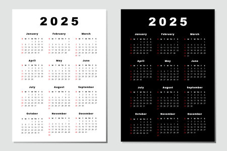 Calendar 2025, Week Starts Sunday, two Page A4. Design Planner Template. Print. Business minimal modern 2025 calendar.のイラスト素材