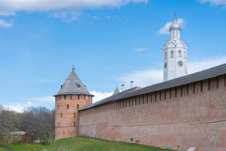 View of walls of the Kremlin, Detinets, Mitropolichia Tower, Clock Tower. Veliky Novgorod.の写真素材