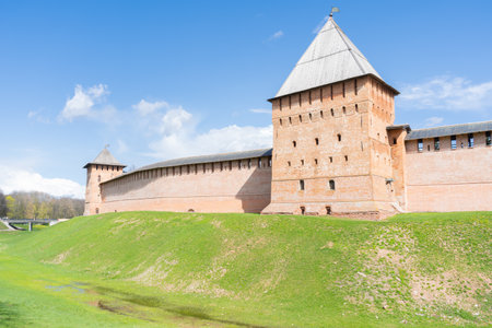 View of walls of the Kremlin, Detinets, Pokrovskaya Tower, Zlatoustovskaya Tower. Veliky Novgorod.の写真素材