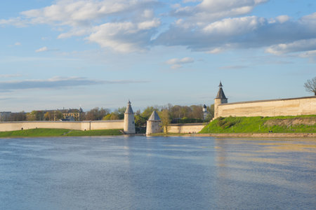 Pskov Kremlin, Krom and view of the Velikaya River. Towers and walls of Pskov Kremlin.の写真素材