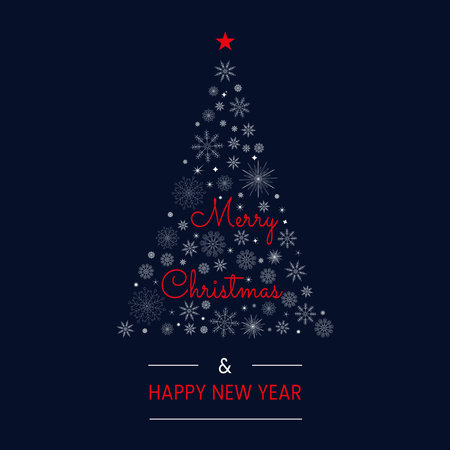Merry Christmas and New Year background. Christmas tree with snowflakes. Minimalist Christmas banner template with abstract Christmas tree on dark blue backgroundのイラスト素材