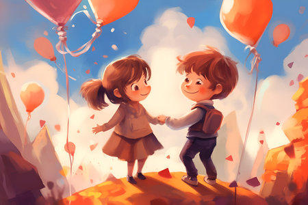 Boy and girl holding hands on the top of the mountain with balloonsの素材