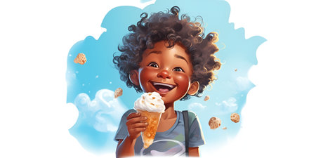 Cheerful african american boy eating ice cream and smiling, digital illustrationの素材