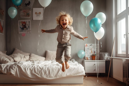 Cute little boy jumping on the bed in the room with balloonsの素材