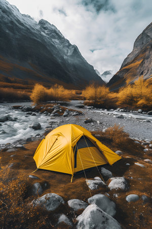 Yellow tent on the shore of a mountain river in the mountains.の素材