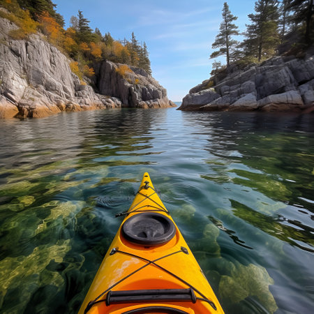 Kayak floats on a mountain river.の素材