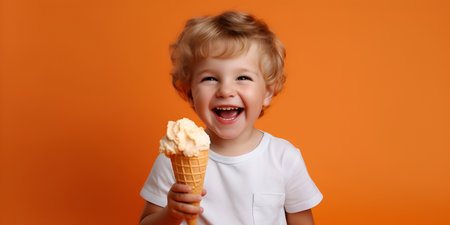 Cute little boy with blond curly hair and blue eyes eating ice cream in waffle cone on orange backgroundの素材