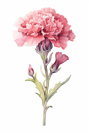 Pink carnation flower isolated on white background. watercolor illustration.の素材