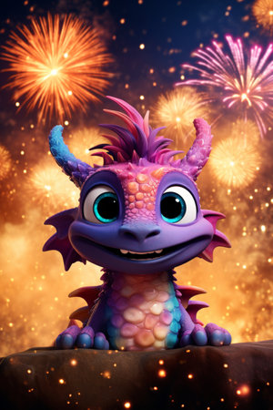 3d rendering of a cute little dragon with a firework backgroundの素材