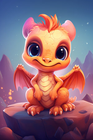 Cute cartoon dragon sitting on a rock. Fantasy illustration for children.の素材