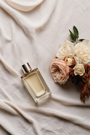 bottle of perfume with flowers on white fabric, flat lay, top viewの素材