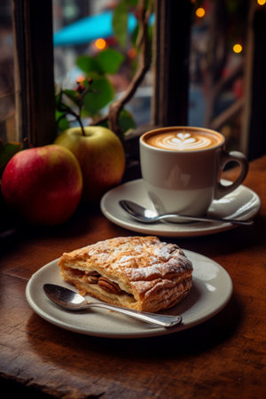Cappuccino and apple pie on a wooden table in a cafeの素材