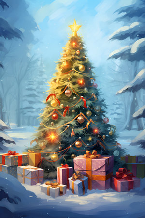 Sparkling Christmas tree with gifts in the morning winter forest. Illustration for your designの素材