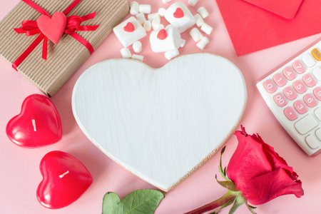Valentine Day flat lay. Copy space for planning, wish list. Romantic composition for wedding, women's day, buying gifts Valentine's Day for lovers. Seasonal Holiday sale. Copyspace mockupの写真素材