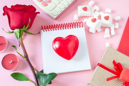 Valentine Day flat lay. Planning, wish list. Romantic composition for wedding, women's day, buying gifts Valentine's Day for lovers.の写真素材