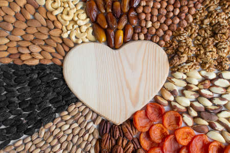 Assorted nuts banner, from the center: dates, hazelnuts, walnuts, Brazilian, dried apricots pecans, pistachio, raisins, almonds, cashews. Flatlay organic mixed nuts and dried fruits Copyspaceの写真素材