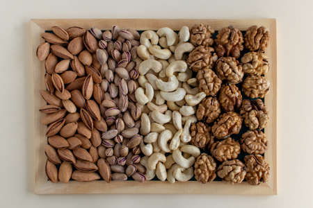 backgrouAssorted nuts: almonds, pistachio, cashews, walnut. Flatlay organic mixed nuts background. Healthy food, useful microelements and vitamins. Useful health snack. Vegetable snackndの写真素材