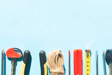 Happy Fathers Day Holiday Concept. Flat lay. Blue background with tools, give dad a present on...