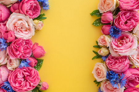 Composition of beautiful flowers, on yellow background. Flowers spring or summer frame. Colorful flowers festive background. Floral conceptの写真素材