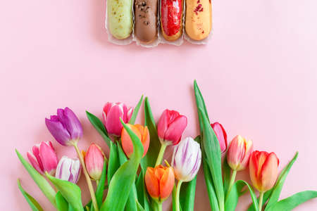 Colorful tulips and Eclairs is a traditional French pastry pink background . Love, Mothers day, Womens day and spring time flower background. spring nature background.の写真素材