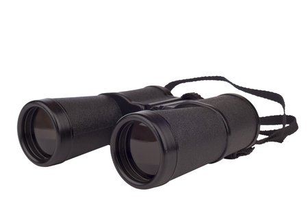Black binoculars with strap neck on white backgroundの写真素材