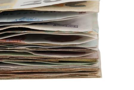 sheaf banknotes isolated on white backgroundの写真素材