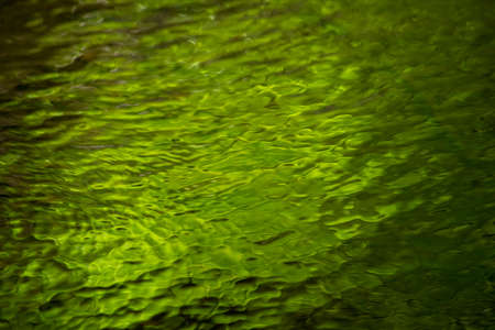 Abstract Emeralds Green Rippling Water in Woodland Stream with Copy Spaceの写真素材