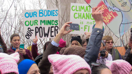 View from the crowd at Womens March pink hats protest signs.