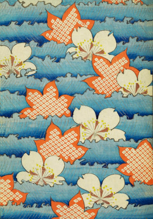 Retro Japanese art design background vibrant waves leaves flowersの写真素材