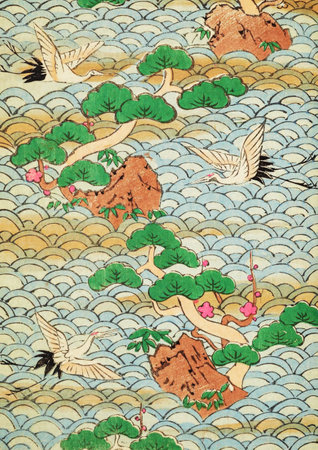 Retro Japanese art design background cranes waves and natureの写真素材