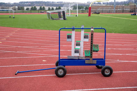 A rack of starting blocks on an athletic running race track