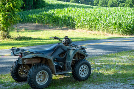 Green off-road farm vehicle in foreground with sunny agricultural cornfield