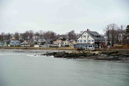 Overcast day brings out the geometry, colors and lines of this quaint New England coastline seascape landscape. no people, with copy space.の写真素材