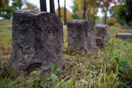 Abandoned cemetery gravestones in a row, Dark stone headstones with decorative sides in a Victorian...